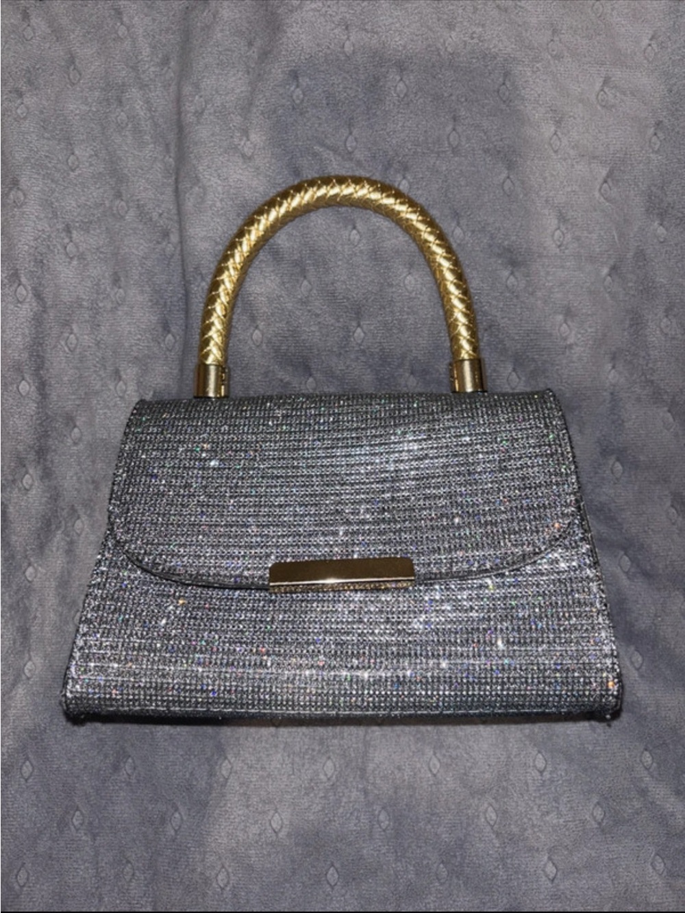 Glittery Gunmetal Mini Top-Handle Bag with Gold Accent